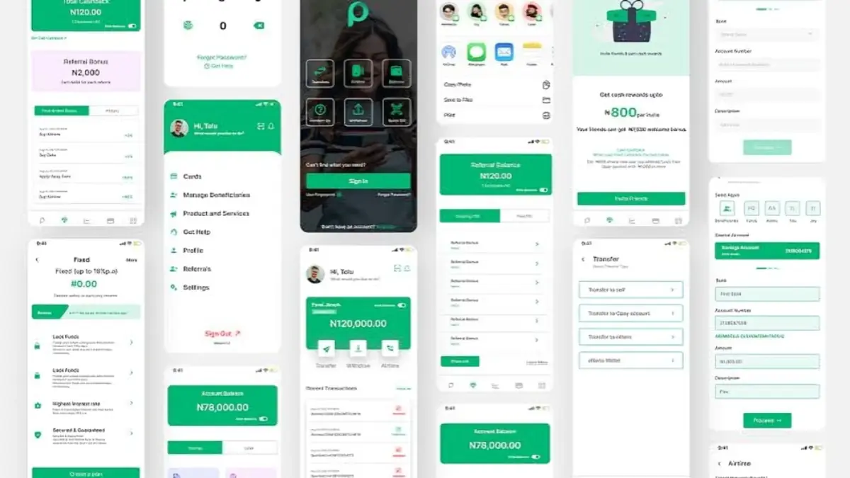 Opay transactions - THEWILL NEWS MEDIA Set of smartphone screens showing a green-themed mobile banking app UI with account balance, transfers, and menu items.