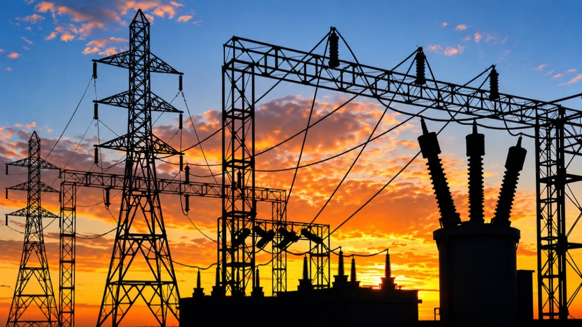 Power supply representation - THEWILL NEWS MEDIA Silhouetted high-voltage transmission towers and power lines against a colorful orange and blue sunset sky, a transformers station foreground show.
