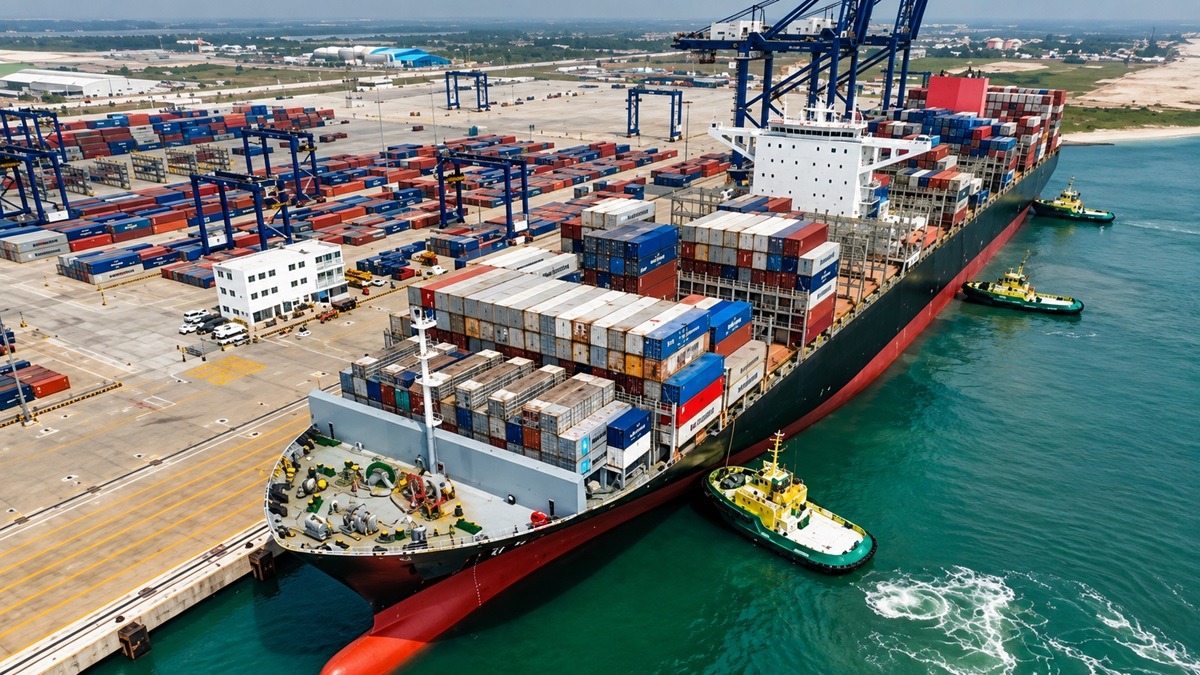 Rows of shipping containers at a Nigerian Port - THEWILL NEWS MEDIA Large container ship loaded with colorful shipping containers at a busy port, with cranes and tugboats nearby