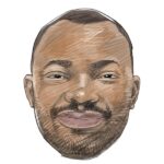 Cartoon-style portrait of a smiling man with a short beard, facing forward.