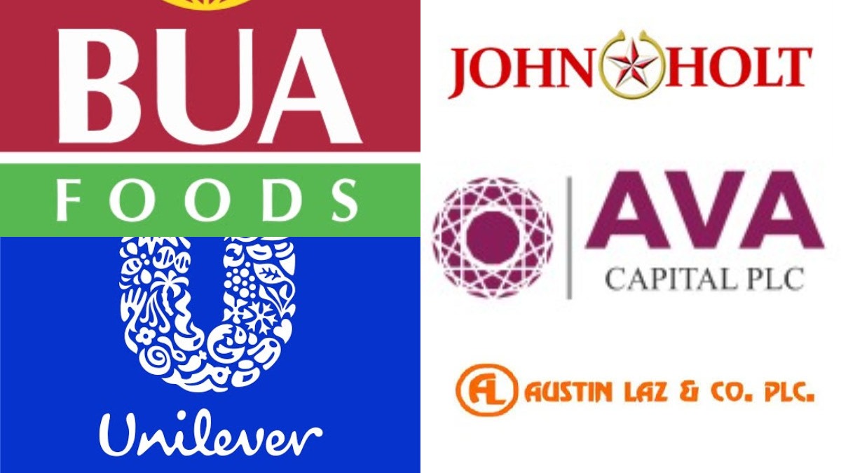 Top 5 decliners for the session - THEWILL NEWS MEDIA Collage of business logos: BUA Foods, John Holt, Unilever, AVA Capital PLC and Austin Laz & Co. PLC to represent consumer goods and finance sectors
