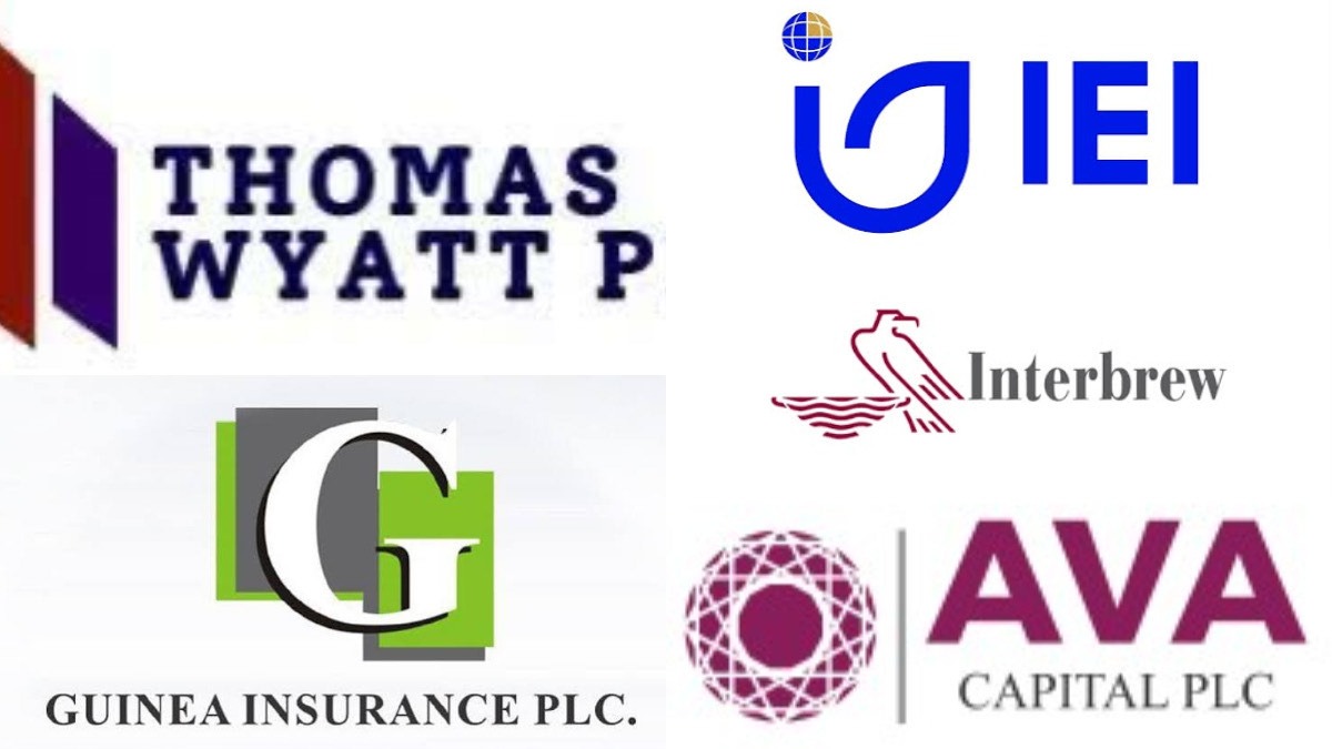 Top 5 decliners for the session - THEWILL NEWS MEDIA Collage of five company logos: Thomas Wyatt P (top left), IEI (top right), Interbrew (middle right), Guinea Insurance PLC (bottom left), and AVA Capital PLC (bottom right).