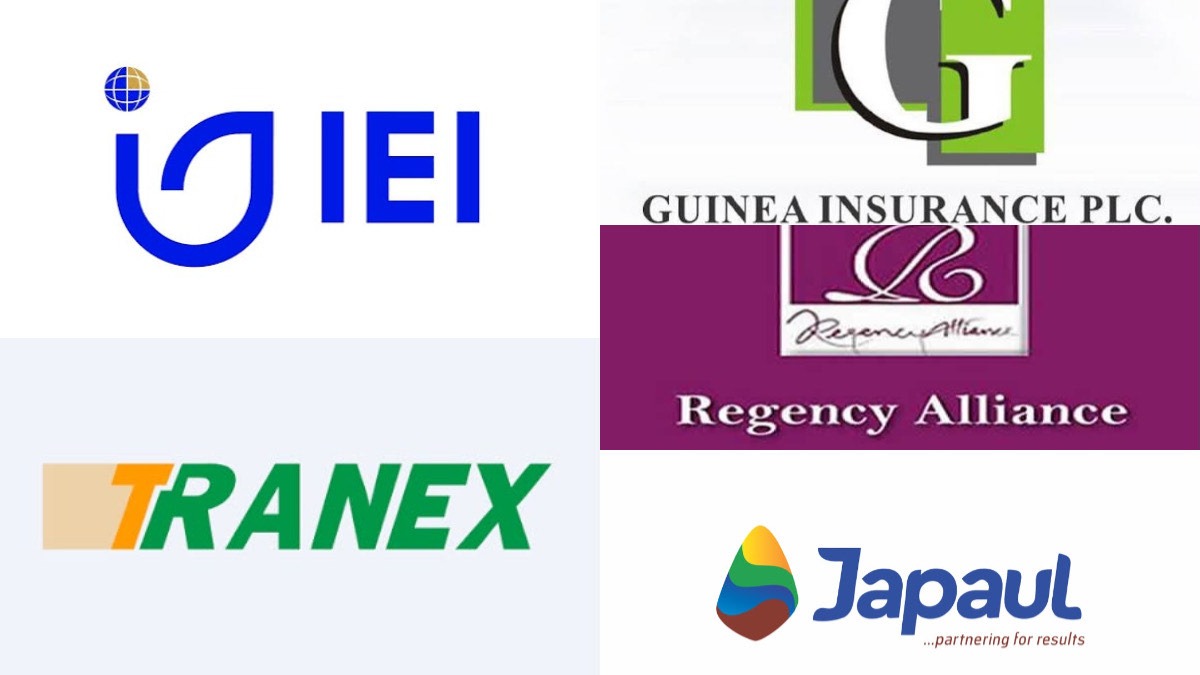 Top 5 gainers for the day - THEWILL NEWS MEDIA Collage of five company logos: IEI (top-left), Guinea Insurance PLC (top-right), Regency Alliance (center-right), Tranex (bottom-left), Japaul (bottom-right).