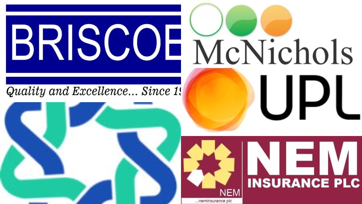 Top Decliners 1 - THEWILL NEWS MEDIA Collage of company logos: Briscoe, McNichols, UPL, a teal–blue interlocking shape, and NEM Insurance.