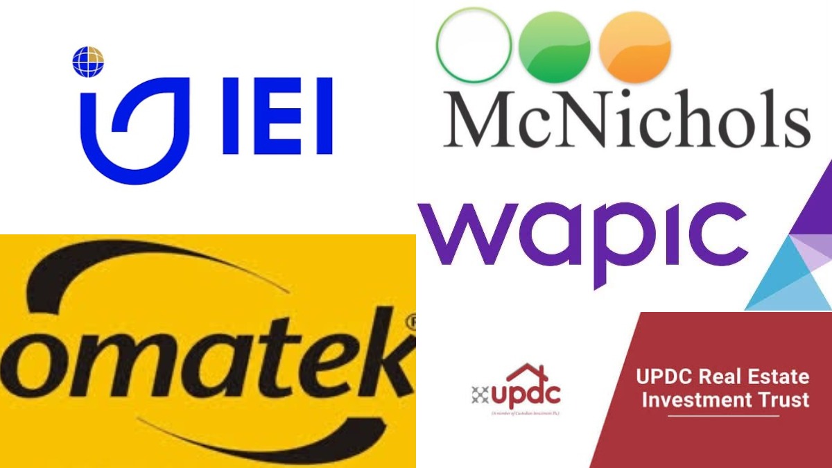 Top Decliners - THEWILL NEWS MEDIA Collage of corporate logos including IEI, McNichols, Wapic, Comatek, and UPDC Real Estate Investment Trust.