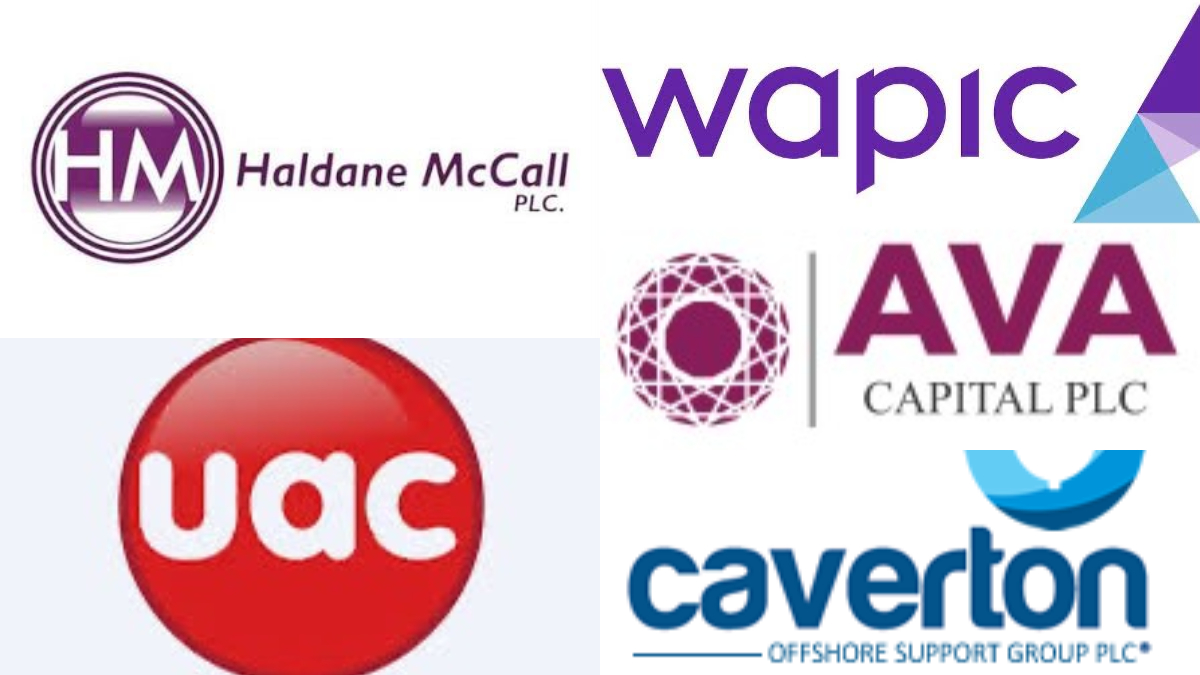 Top Gainers - THEWILL NEWS MEDIA Collage of company logos: Haldane McCall (HM), WAPIC, AVA Capital, UAC, and Caverton Offshore Support Group PLC