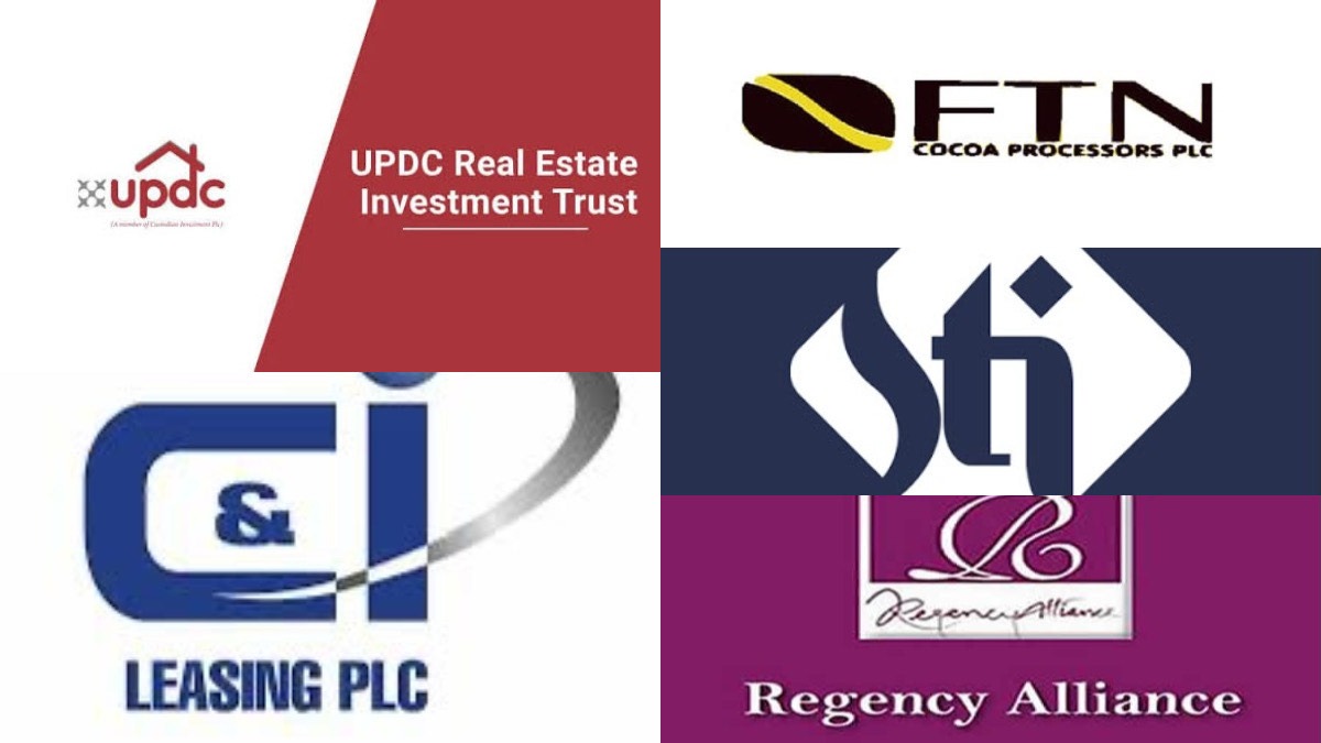 Top Gainers for the session - THEWILL NEWS MEDIA Collage of four corporate logos: UPDC Real Estate Investment Trust, FTN Cocoa Processors PLC, G&I Leasing PLC, and Regency Alliance (purple with script text).