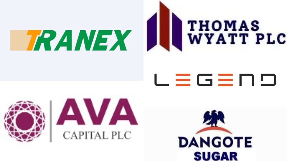 Top Gainers - THEWILL NEWS MEDIA Collage of six company logos: TRANEX (green letters with orange T on beige background), THOMAS WYATT PLC (purple/red abstract building mark), LEGEND (stylized letters with orange stripes), AVA CAPITAL PLC (magenta AVA with circular purple geometric design), and DANGOTE SUGAR (dark blue text with an eagle logo)