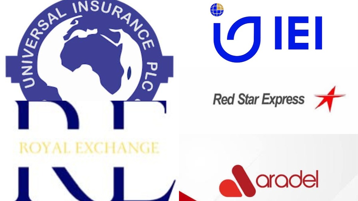 Top decliners for the day - THEWILL NEWS MEDIA Collage of five corporate logos: Universal Insurance PLC, IEI with globe, Red Star Express, Royal Exchange, and Aradel.