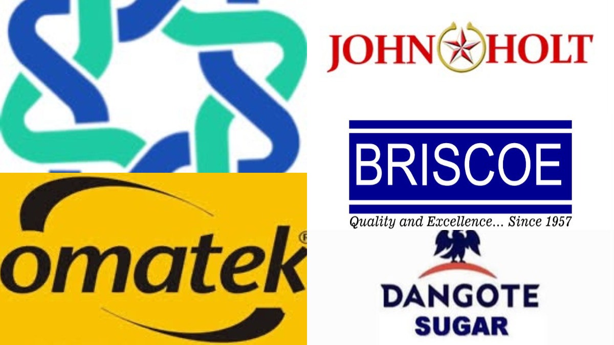 Top five decliners for the day 2 - THEWILL NEWS MEDIA Collage of logos: Omatek (yellow background), John Holt (red text), Briscoe (blue panel), Dangote Sugar (blue eagle), and an abstract teal-blue interconnected shape.