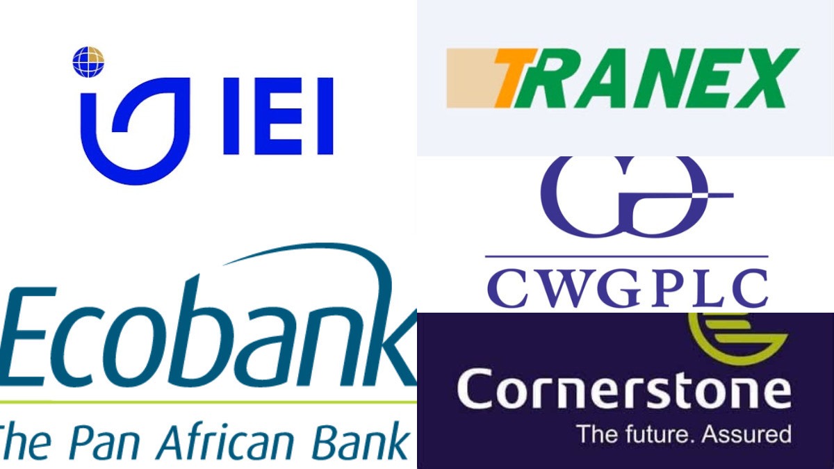 Top gainers for the session - THEWILL NEWS MEDIA Collage of African bank logos: IEI, Tranex, Ecobank, CWG PLC, and Cornerstone.