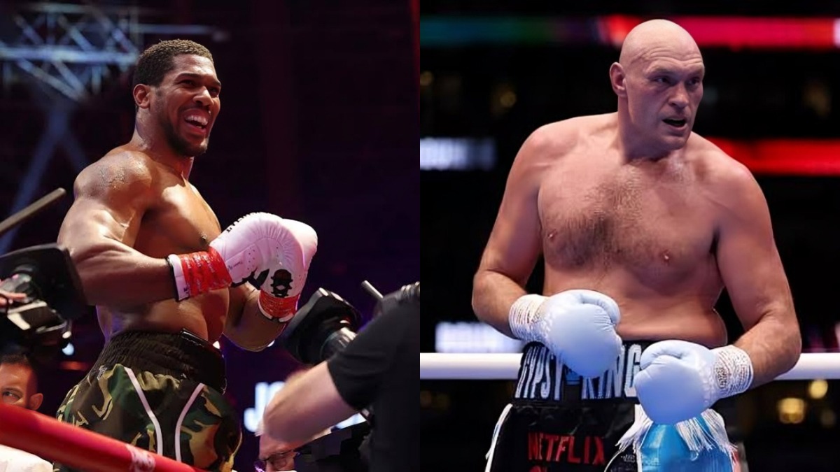 Tyson Fury vs Anthony Joshua - THEWILL NEWS MEDIA Split image of two male boxers in a boxing ring: left boxer wearing camouflage trunks throws a punch with red gloves; right boxer, bald and shirtless, stands in a guard position with white gloves.