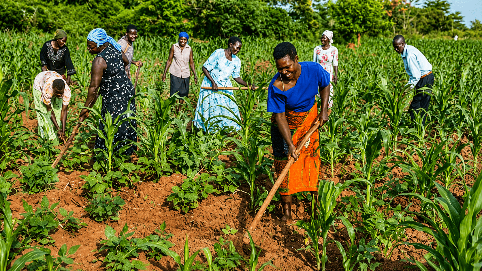 Women farmers - THEWILL NEWS MEDIA Group of farmers working in a cornfield, using hoes to tend rows of young corn plants.