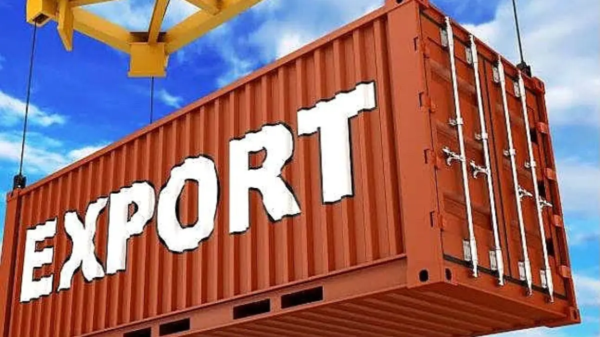global recognition - Container - shipping- export - THEWILL NEWS MEDIA Red shipping container with large white EXPORT lettering being hoisted by a crane against a blue sky.