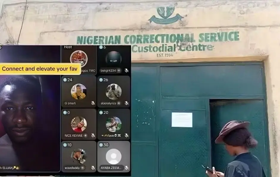 viral image showing the Ibara Medium Security Custodial Centre in Abeokuta alongside a screenshot of the unauthorised TikTok livestream - THEWILL NEWS MEDIA A Nigeria Correctional Service Custodial Centre building with green doors; a man in a hat looks at a phone as a video conference grid appears on the left, with the caption 'Connect and elevate your fav.'