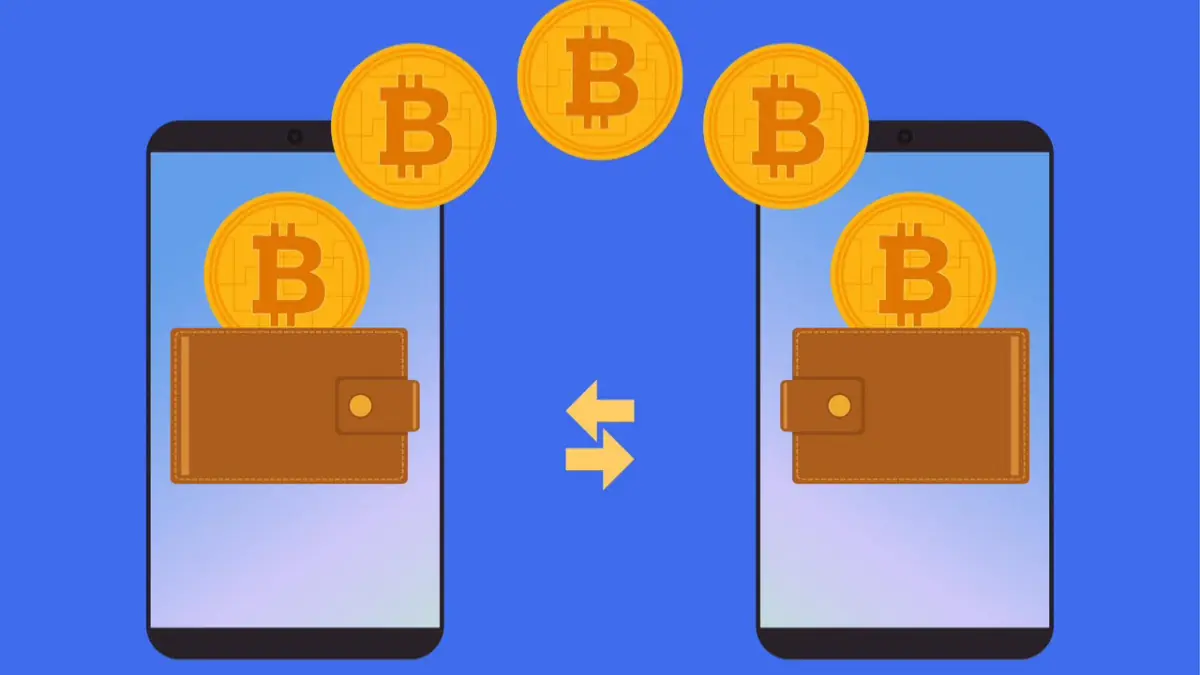 virtual assets - Crypto 2 - THEWILL NEWS MEDIA Two smartphones face each other with brown wallets and gold Bitcoin coins moving between them, illustrating cryptocurrency transfer on a blue background.