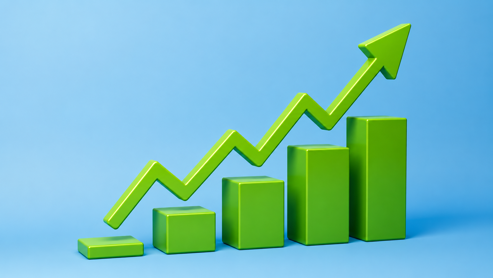 A representation of improvement in Reserve trade and Investment 1 - THEWILL NEWS MEDIA Growth chart with rising green bars and a diagonal upward arrow against a blue background, indicating increasing values over time.