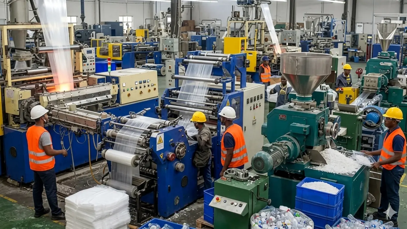 Factory floor with blue and green plastic extrusion machines; workers in orange safety vests and hard hats supervise clear plastic film being produced.