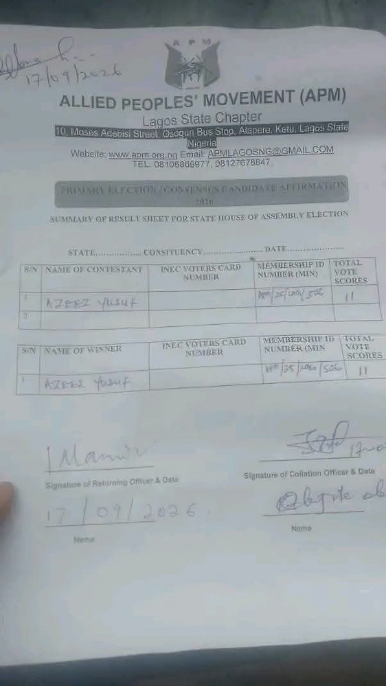APM Lagos - THEWILL NEWS MEDIA Printed election result form from Allied Peoples' Movement (APM), Lagos State Chapter, with fields for contestant names, INEC voter card numbers, membership IDs, total scores, and handwritten signatures. Shows two contestants listed with their scores and official seals.