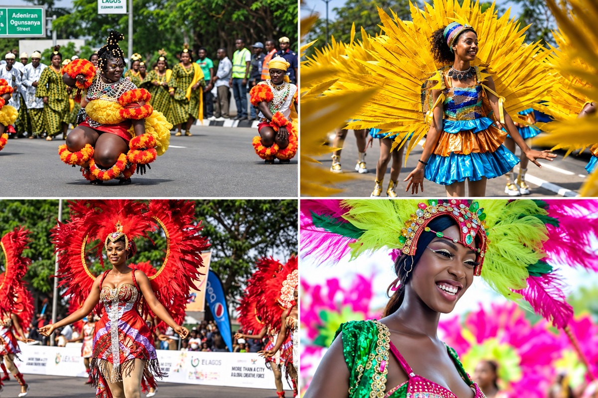 Calabar Carnival - THEWILL NEWS MEDIA Colorful carnival dancers perform in a street parade, wearing bright orange and yellow costumes as spectators watch.