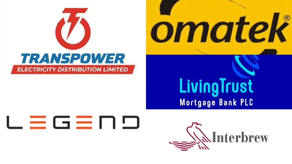 Decliners - THEWILL NEWS MEDIA Collage of five company logos: Transpower Electricity Distribution Limited, Omatek, LivingTrust Mortgage Bank PLC, Legend, and Interbrew.