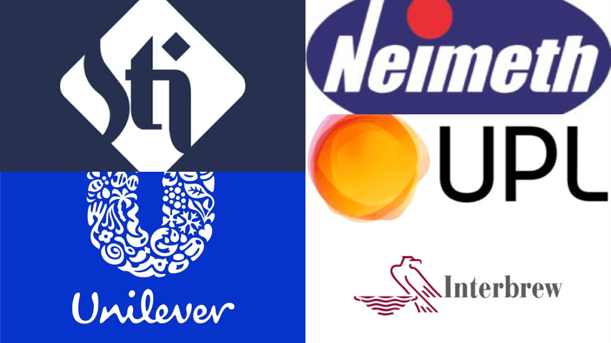 Decliners - THEWILL NEWS MEDIA Quadruple logo collage: top-left abstract white glyph on dark blue background; top-right blue oval logo with the word 'Neimeth' and a red dot; bottom-left blue square featuring the white Unilever emblem and text; bottom-right white area with a red bird and the word 'Interbrew' near an orange circular mark.