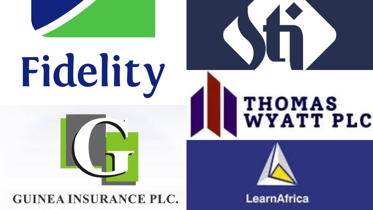 Decliners - THEWILL NEWS MEDIA Collage of business logos including Fidelity, Thomas Wyatt PLC, Guinea Insurance PLC, Learn Africa, and other corporate logos.