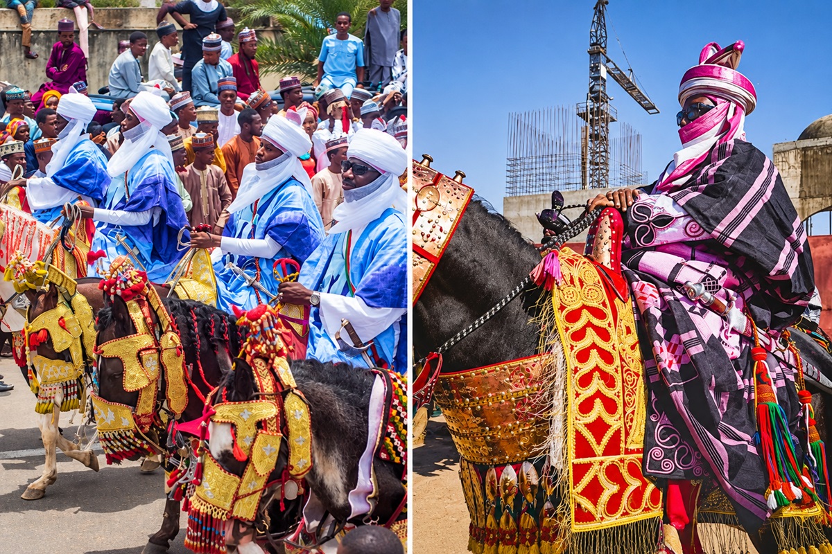 Durbar Festival - THEWILL NEWS MEDIA Group of men in blue robes riding elaborately saddled horses in a crowded parade.