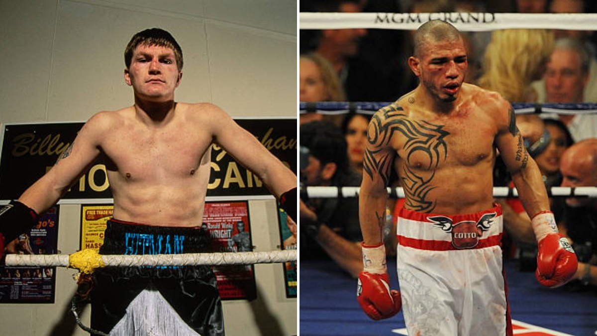 Miguel Cotto vs Ricky Hatton - THEWILL NEWS MEDIA Two male boxers shown side by side: left, a young shirtless fighter in a gym; right, a tattooed boxer in a ring wearing red gloves and trunks.