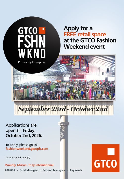 GTCO Fashion Weekend promo: busy expo photo with GTCO logos, dates Sept 23–Oct 2, 2026, and invitation to apply for retail space
