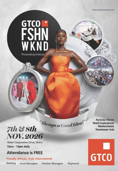 Poster advertising GTCO Fashion Week featuring a model in an orange strapless dress with circular clock motifs and event details, GTCO logo bottom right.