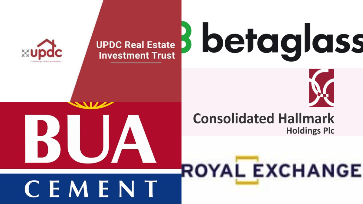 Gainers - THEWILL NEWS MEDIA Collage of business logos including UPDC Real Estate Investment Trust, Betaglass, Consolidated Hallmark Holdings, BUA Cement, and Royal Exchange logos.