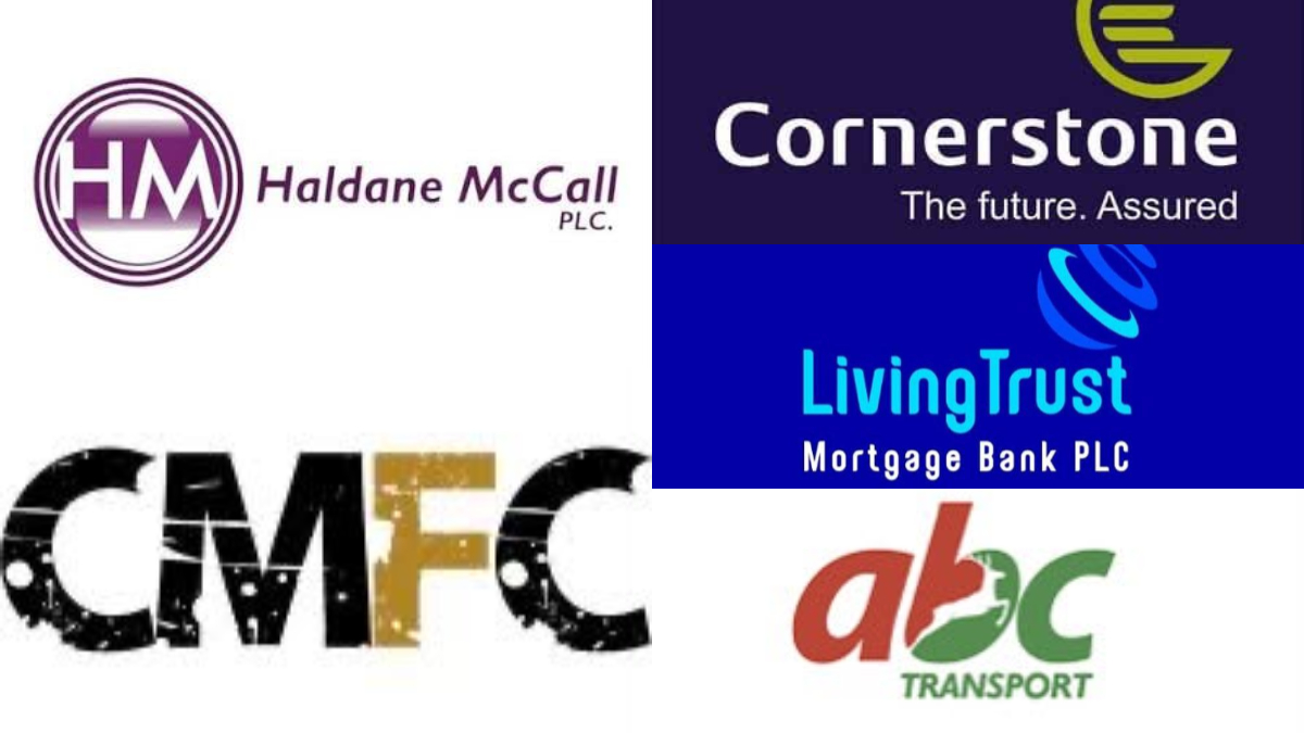 Gainers - THEWILL NEWS MEDIA Collage of five company logos: Haldane McCall PLC, Cornerstone, LivingTrust Mortgage Bank PLC, CMFC, and ABC Transport.