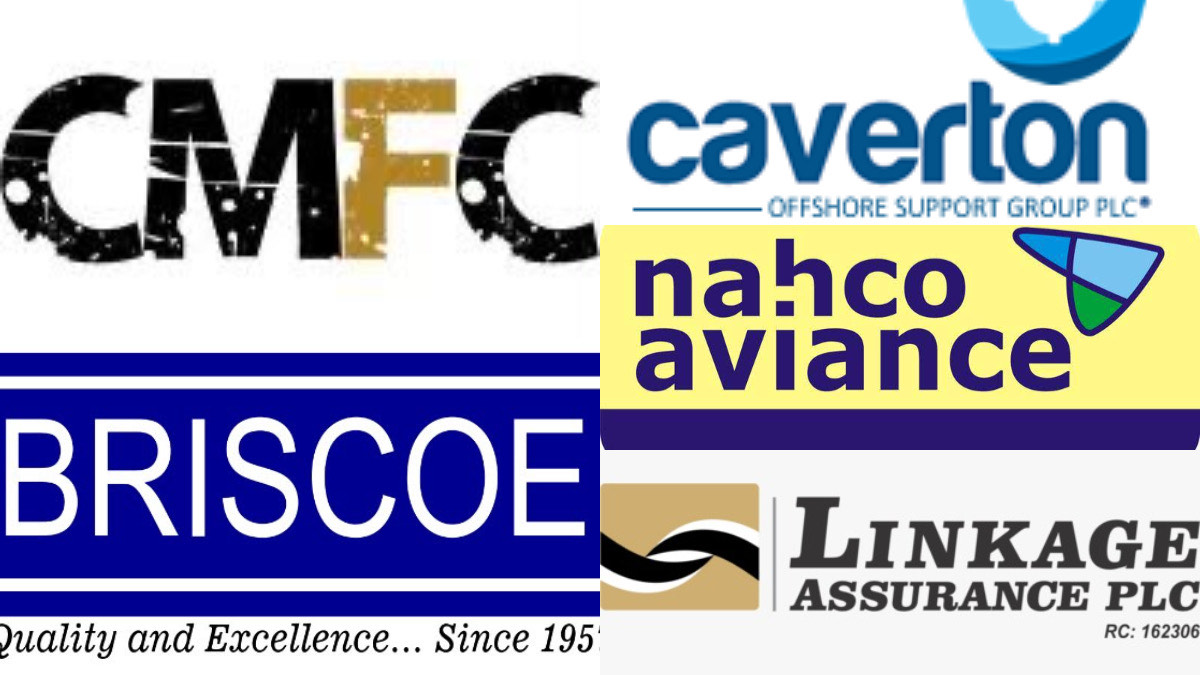 Gainers for the session - THEWILL NEWS MEDIA Collage of business logos including CMEC, Caverton Offshore Support, Nahco Aviation, Briscoe, and Linkage Assurance.