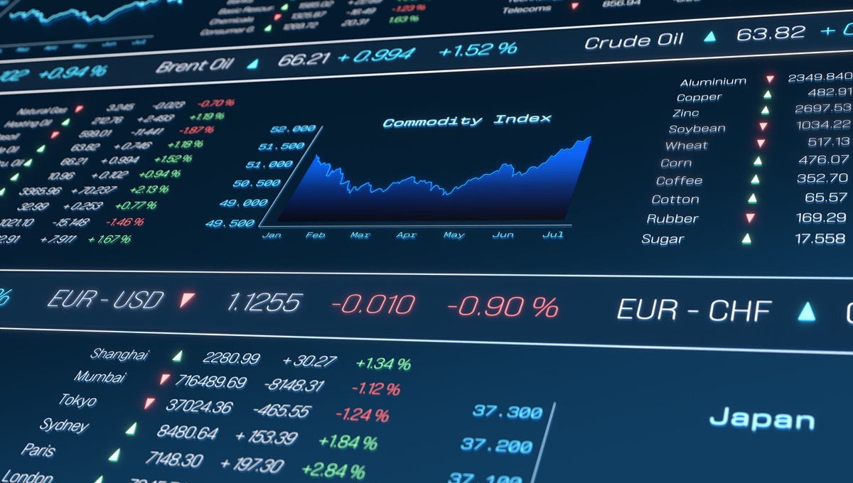 Global market data and central bank policy rates - THEWILL NEWS MEDIA Financial dashboard showing stock indices, currency pairs, and a blue Commodities Index chart with a rising trend from Jan to Jul.