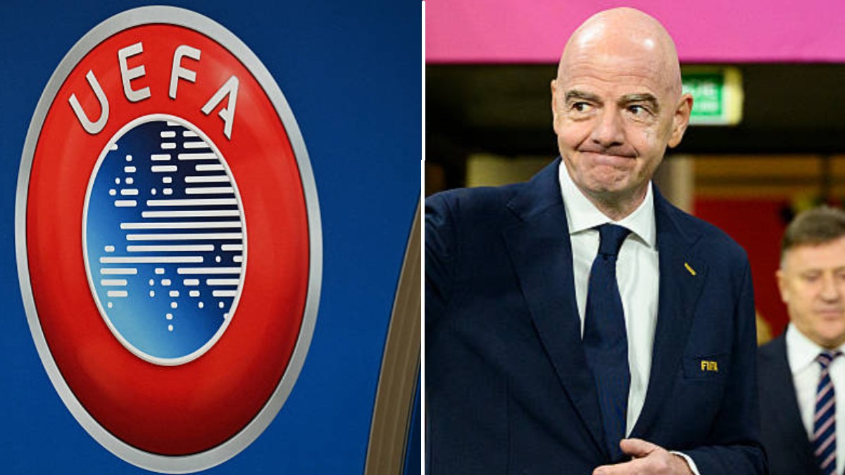 UEFA logo and FIFA President Gianni Infantino - THEWILL NEWS MEDIA Left: UEFA logo on a blue background. Right: bald man in a dark suit and tie in a hallway.