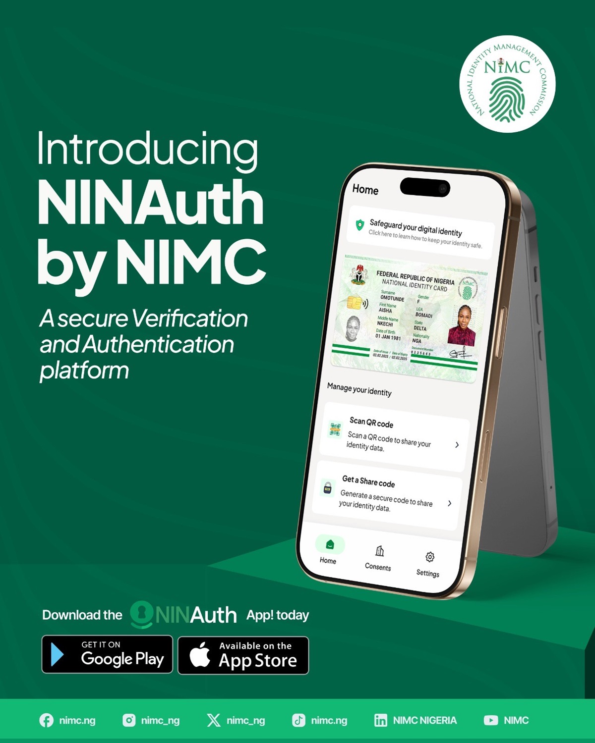 NIMC - THEWILL NEWS MEDIA Promotional poster for NINAuth by NIMC with a smartphone showing a digital Nigerian ID on screen against a green background.
