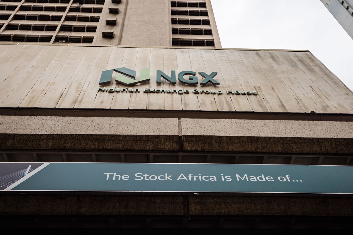 Nigerian Exchange Group NGX building - THEWILL NEWS MEDIA Facade of NGX Nigerian Exchange Group House with a banner reading'The Stock Africa is Made of...''
