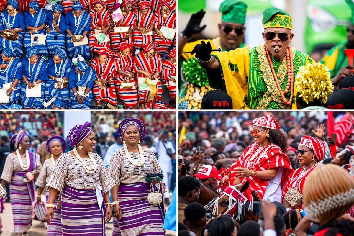 Ojude Oba - THEWILL NEWS MEDIA Group of Nigerian celebrants in vibrant traditional attire at a festival: blue and red striped outfits, green ceremonial dress, and purple-and-white gowns in a crowded parade.