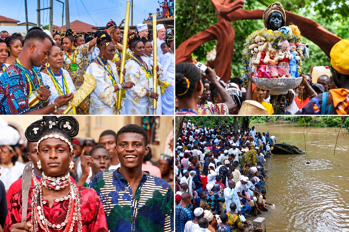 Osun-Osogbo Festival - THEWILL NEWS MEDIA Group of young people in colorful traditional outfits and bead necklaces marching with tall ceremonial staffs during a street festival in the sun.