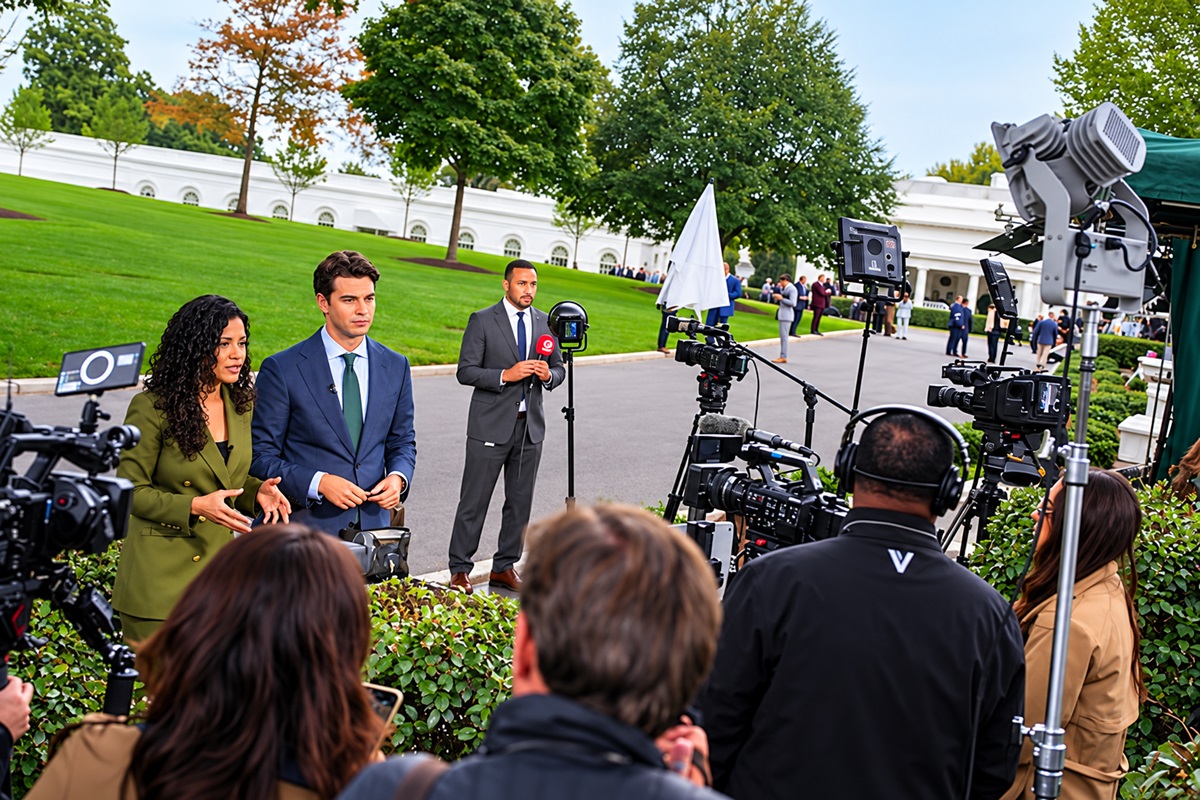 Outdoor press conference with reporters and camera operators surrounding a man in a suit who is speaking into a microphone, while colleagues stand nearby on a manicured lawn with a white building in the background.