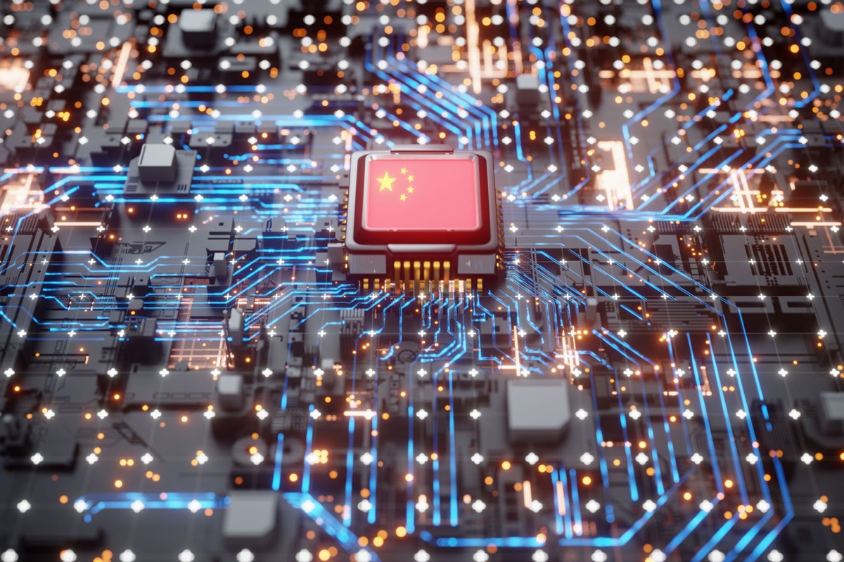 Semiconductor microchip - THEWILL NEWS MEDIA Chip on a glowing circuit board displays the flag of China, symbolizing Chinese tech or semiconductors.