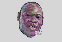 Colorful abstract portrait of a man with a gentle smile, created with multicolor scribble strokes on a light gray background.