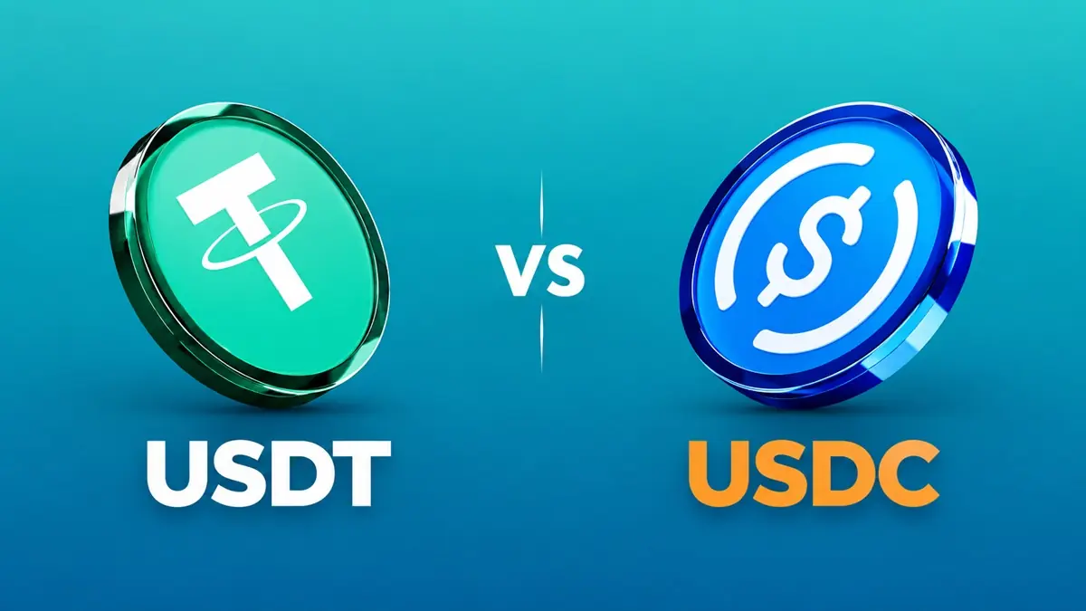 USDT and USDC - THEWILL NEWS MEDIA Two glossy coins representing stablecoins USDT (green) and USDC (blue) face off with a VS between them on a teal background