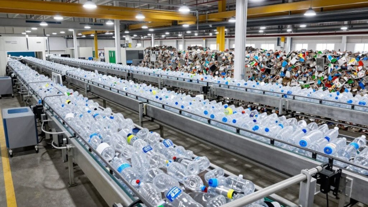 Bottle recycling - THEWILL NEWS MEDIA Industrial bottling line with a conveyor belt filled with plastic water bottles in a large factory setting.