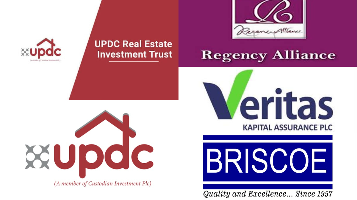 DECLINERS - THEWILL NEWS MEDIA Collage of real estate and financial logos: UPDC Real Estate Investment Trust, Regency Alliance, Veritas Capital Assurance, BRISCOE, and UPDC (Custodian Investment).