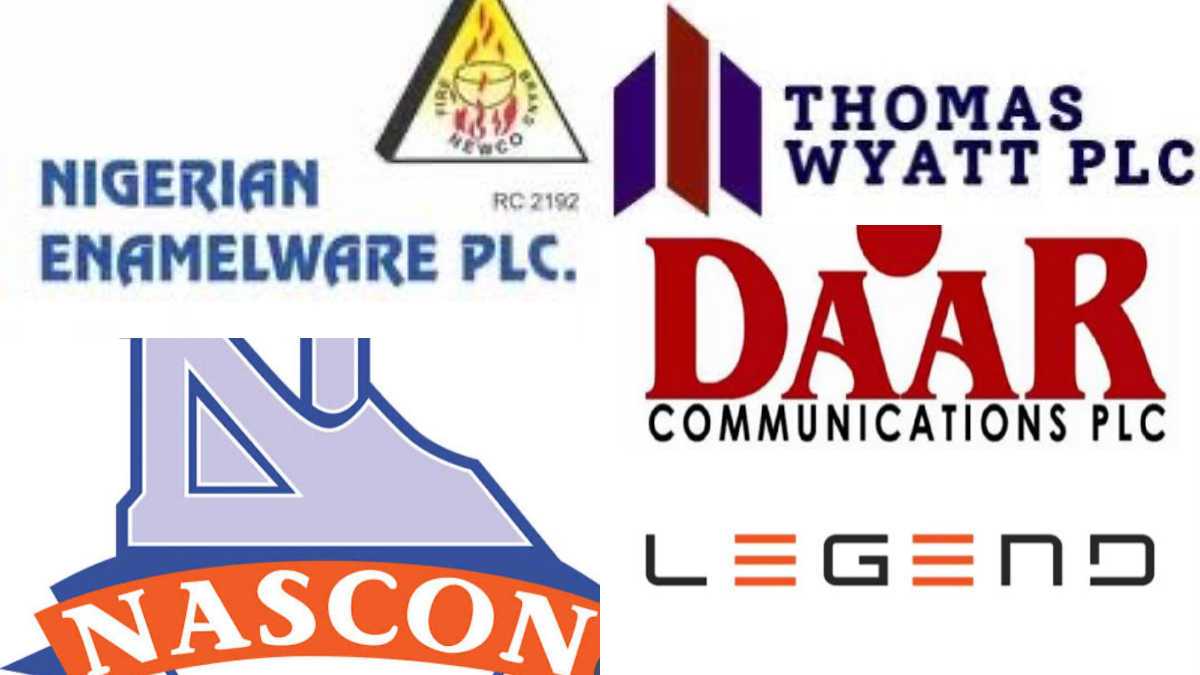 DECLINERS - THEWILL NEWS MEDIA Collage of five logos: Nigerian Enamelware PLC, Thomas Wyatt PLC, DAAR Communications PLC, NASCON, and Legend