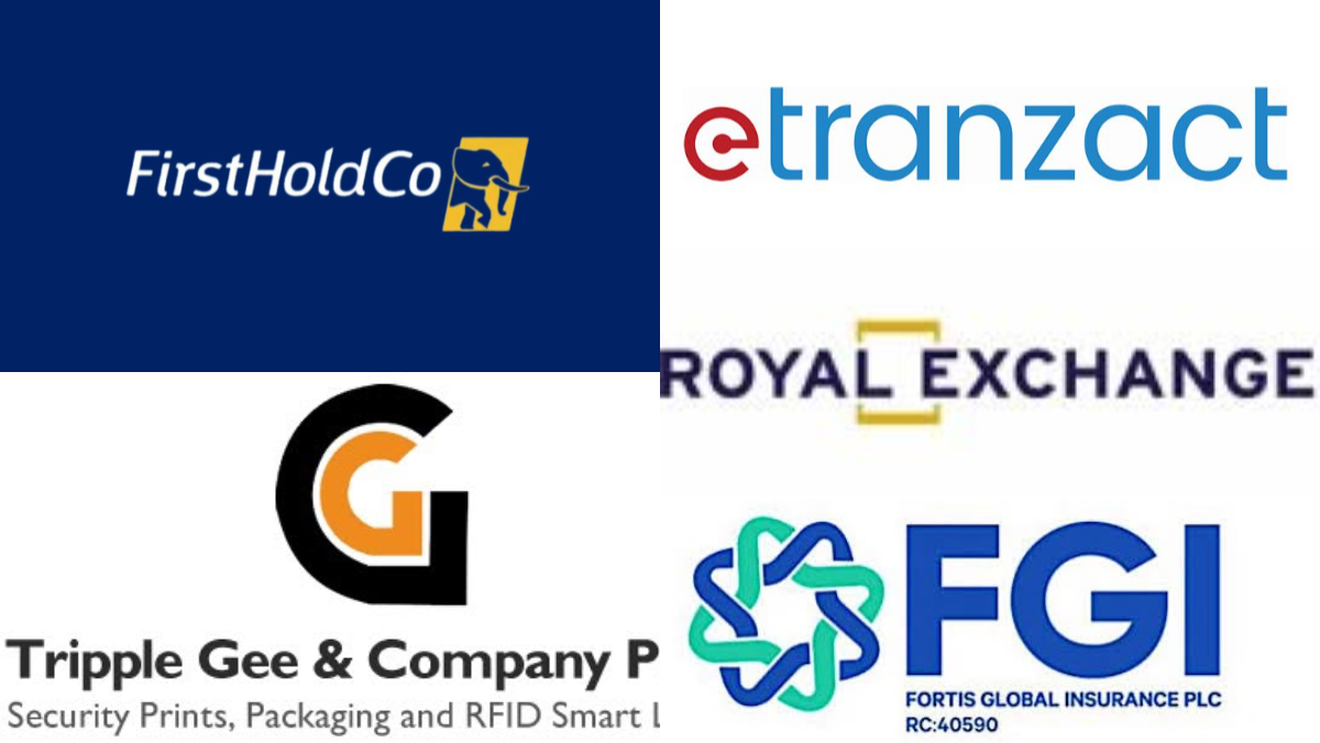 Decliners - THEWILL NEWS MEDIA Collage of five company logos: FirstHoldCo, etranzact, Royal Exchange, Triple Gee & Company, and Fortis Global Insurance (FGI).