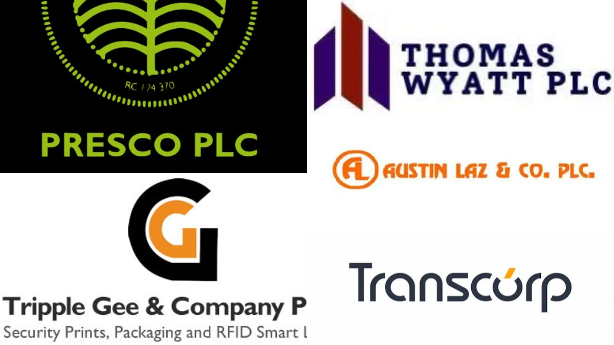 Decliners - THEWILL NEWS MEDIA Collage of five company logos: Presco PLC, Thomas Wyatt PLC, Austin Laz & Co. PLC, Triple Gee & Company PLC, and Transcorp.