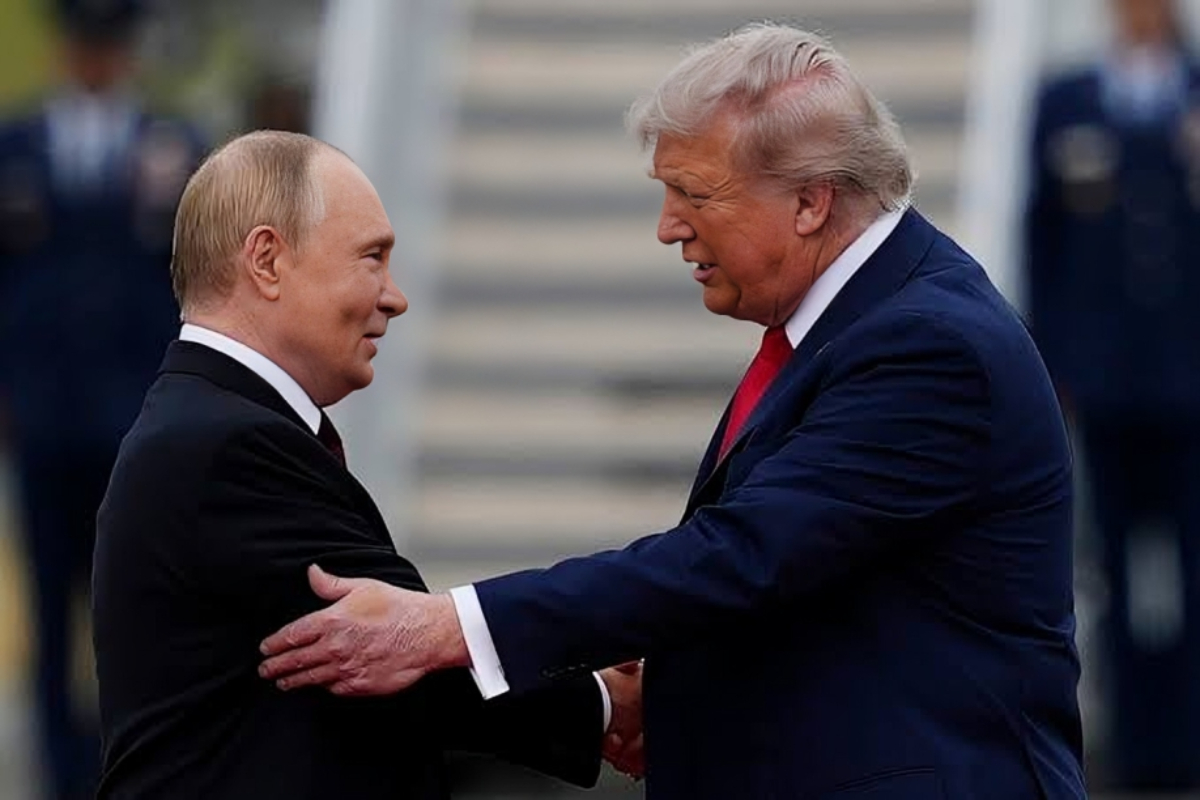 Donald Trump and Vladimir Putin - THEWILL NEWS MEDIA Two world leaders (Vladimir Putin and Donald Trump) in suits shake hands on a tarmac, facing each other in a cordial exchange.